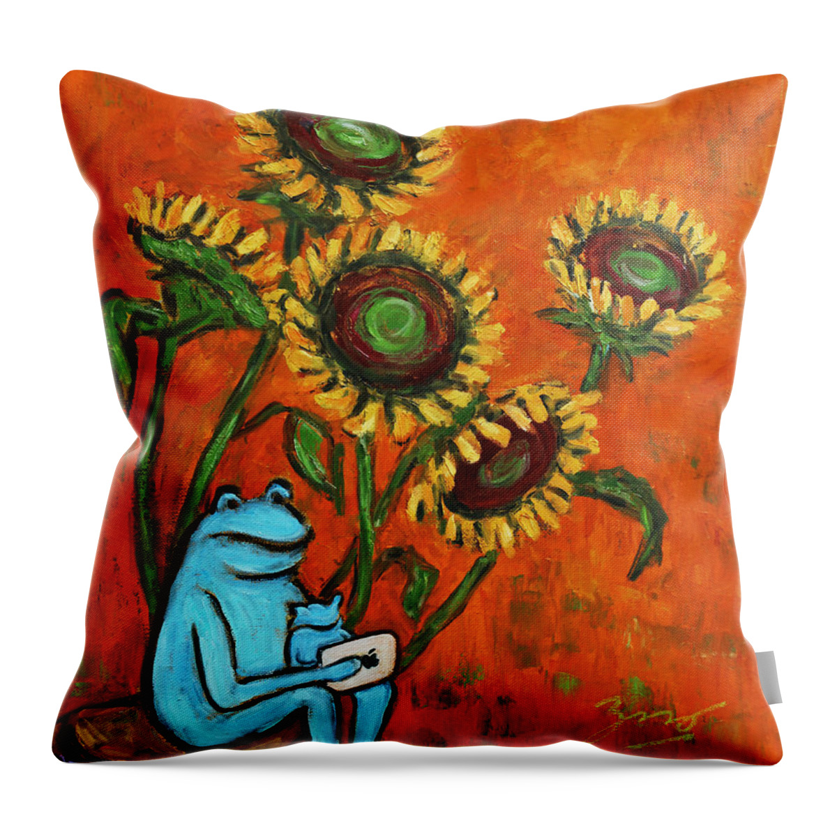 Still Life Throw Pillow featuring the painting Frog i Padding amongst Sunflowers by Xueling Zou