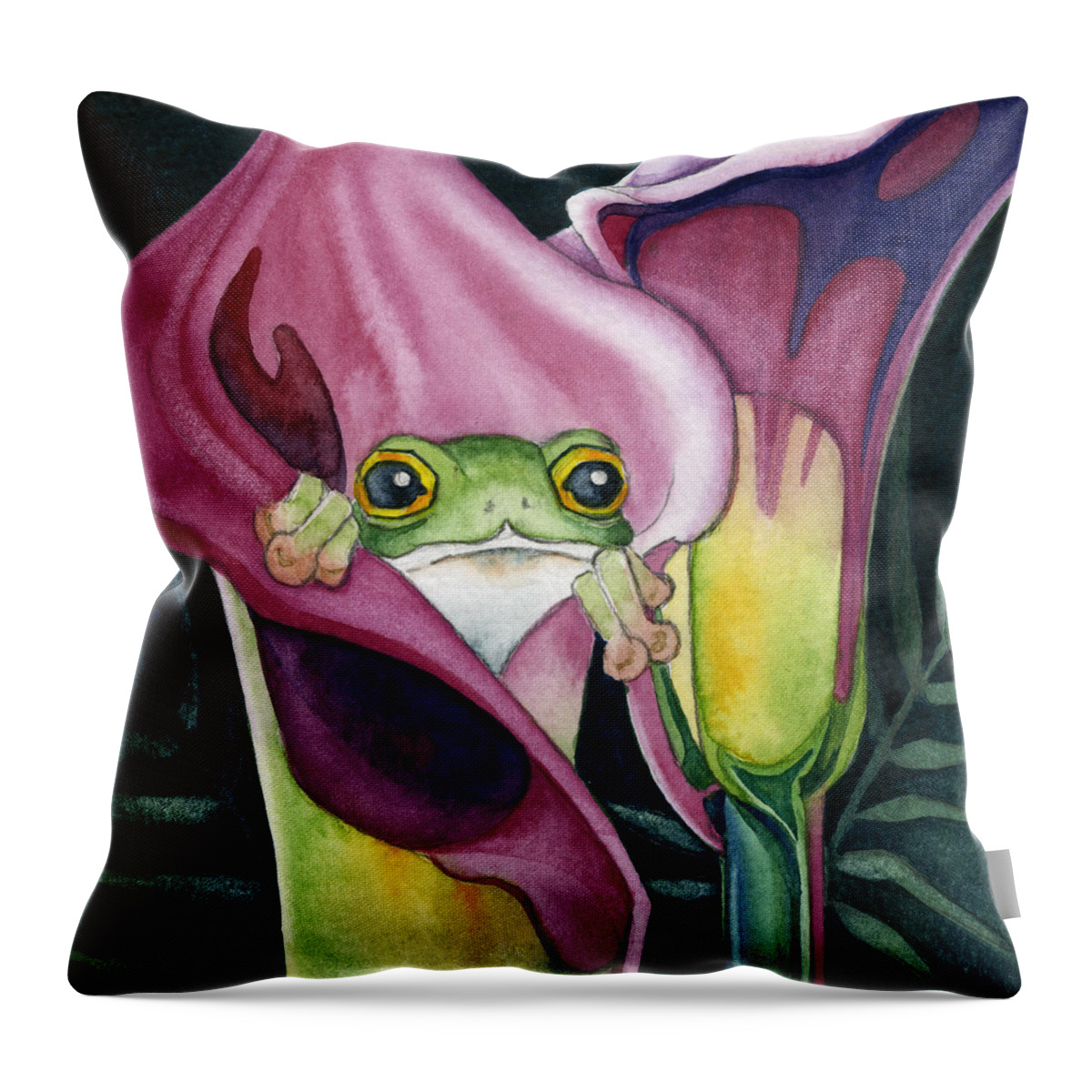  Throw Pillow featuring the painting Frog in Pink Calla Lily by Lyse Anthony