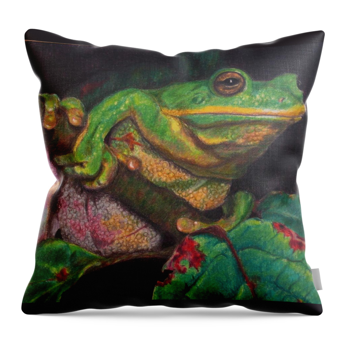 Frog Throw Pillow featuring the painting Froggie by Karen Ilari