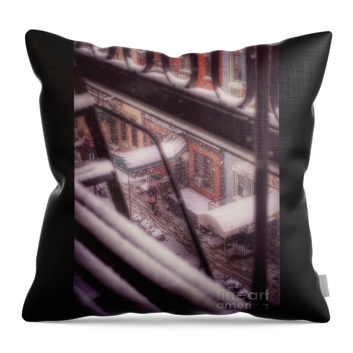 Winter In New York Throw Pillow featuring the photograph From My Window - Braving the Snow by Miriam Danar