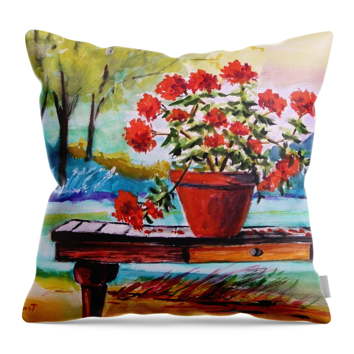 Geranium Throw Pillow featuring the painting From the Potting Shed by John Williams