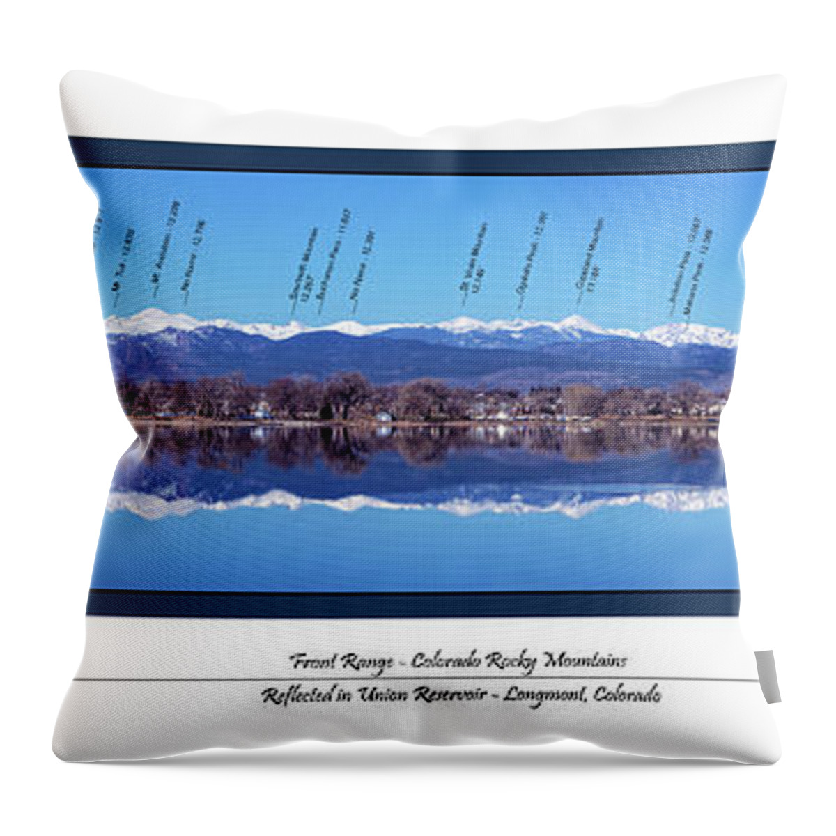 Panorama Throw Pillow featuring the photograph Front Range Panorama with peaks identified by Phyllis Dwyer
