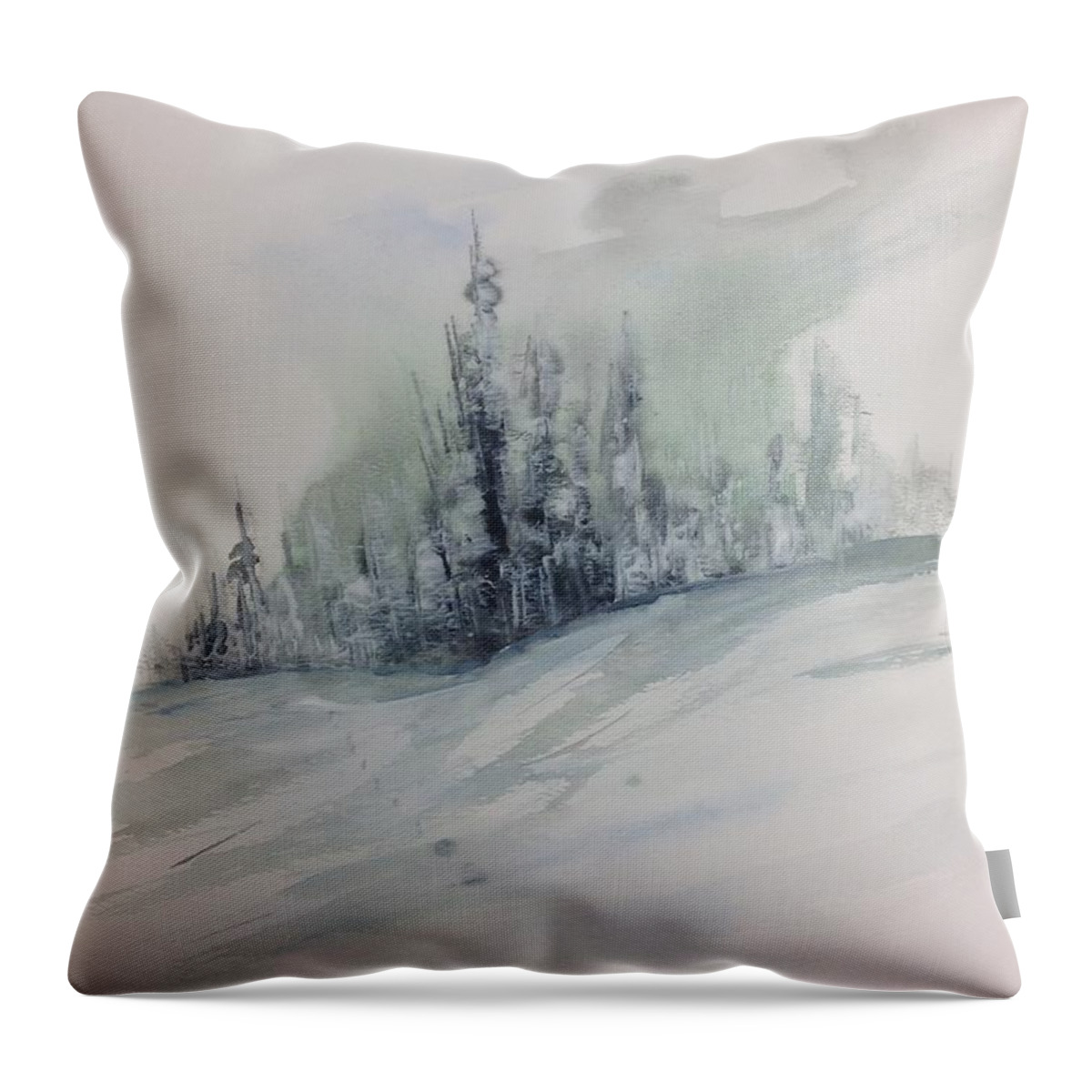 Abstract Watercolour Landscape Painting Throw Pillow featuring the painting Frost on the Pines by Desmond Raymond
