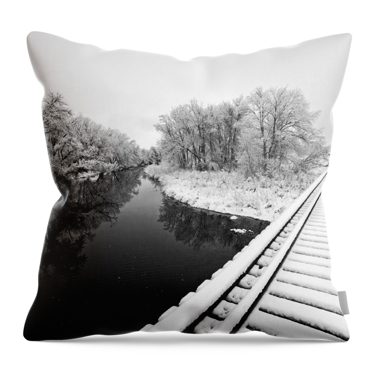 Fine Art Black And White Photography. Black And White Snow Photography.black And White Greeting Cards. Black And White Train Tracks Greeting Cards. Train Tracks In The Snow.black And White Infrared Photography. Black And White Photography. Throw Pillow featuring the photograph Frosty Morning On The Poudre by James Steele