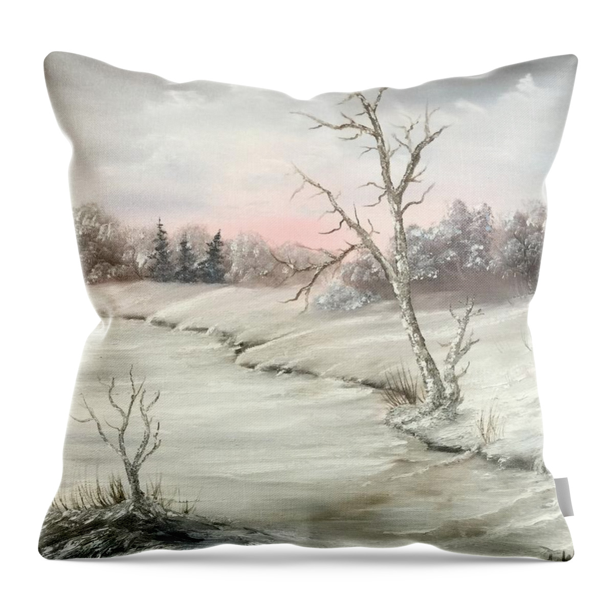 Oil Painting Winter Landscape Trees Snow Mountains Throw Pillow featuring the painting Frosty winter morning by Justin Wozniak