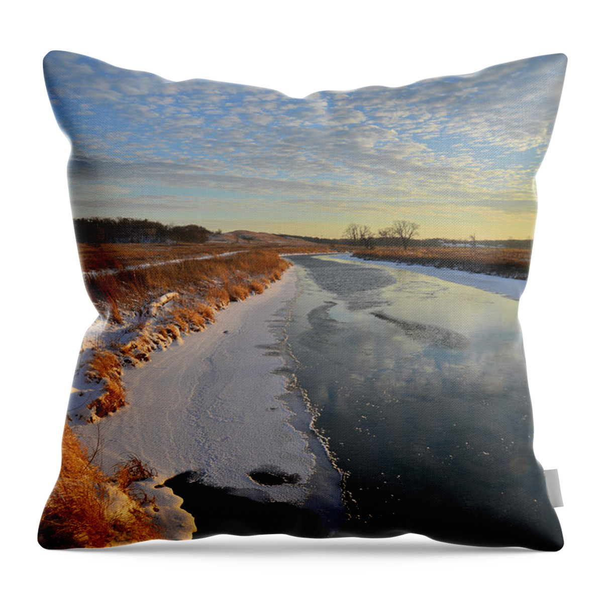 Glacial Park Throw Pillow featuring the photograph Frozen Nippersink Creek at Sunset in Glacial Park by Ray Mathis