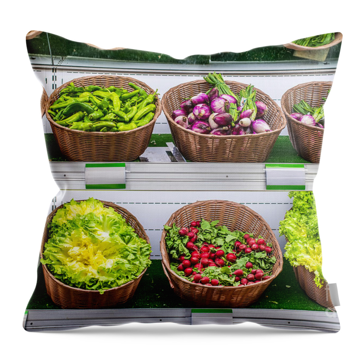 Aisle Throw Pillow featuring the photograph Fruits and vegetables on a supermarket shelf by Deyan Georgiev