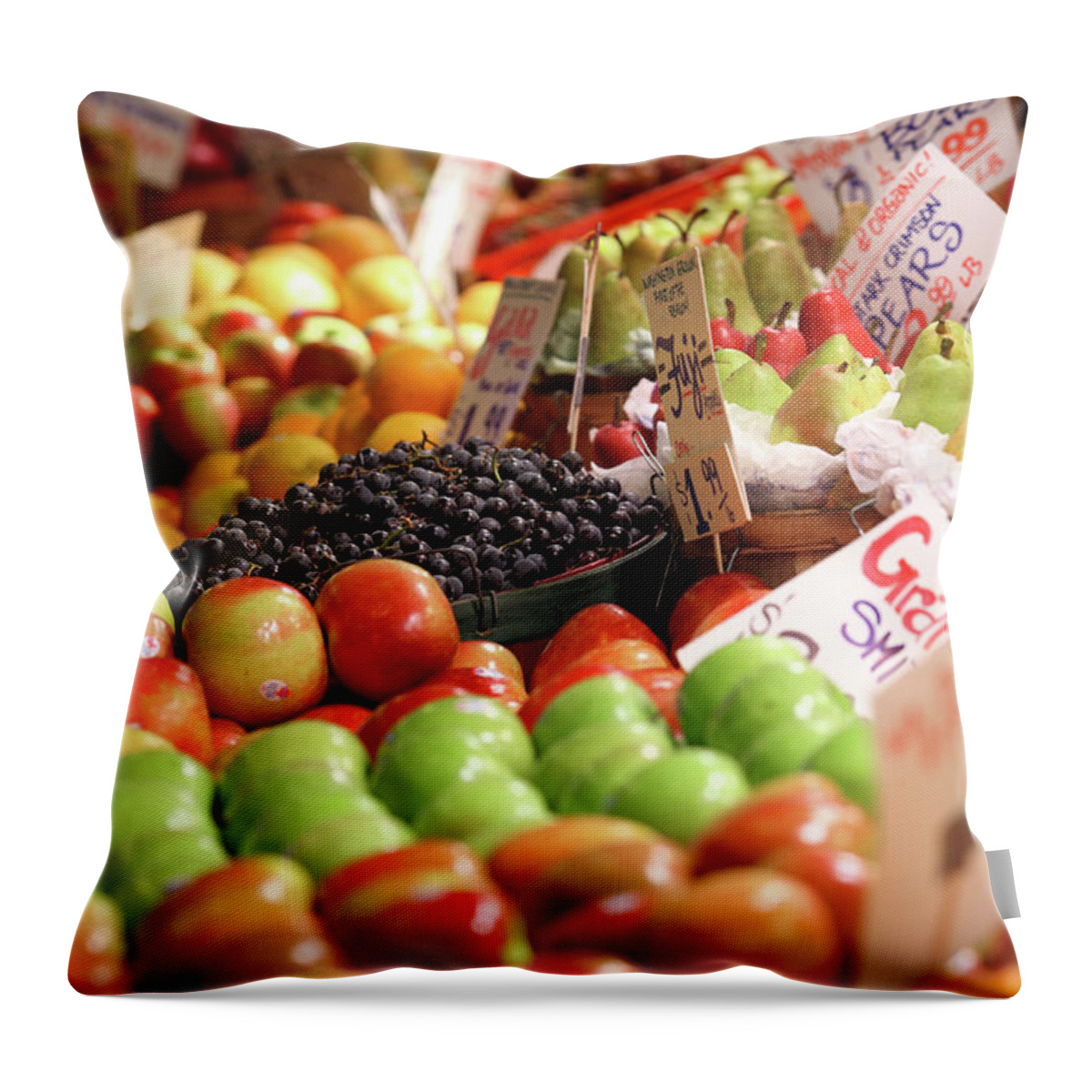 Rows And Rows Of Fresh Produce For Sale At A Farmers' Market In Seattle Throw Pillow featuring the photograph Fruits and Vegetables by Todd Klassy