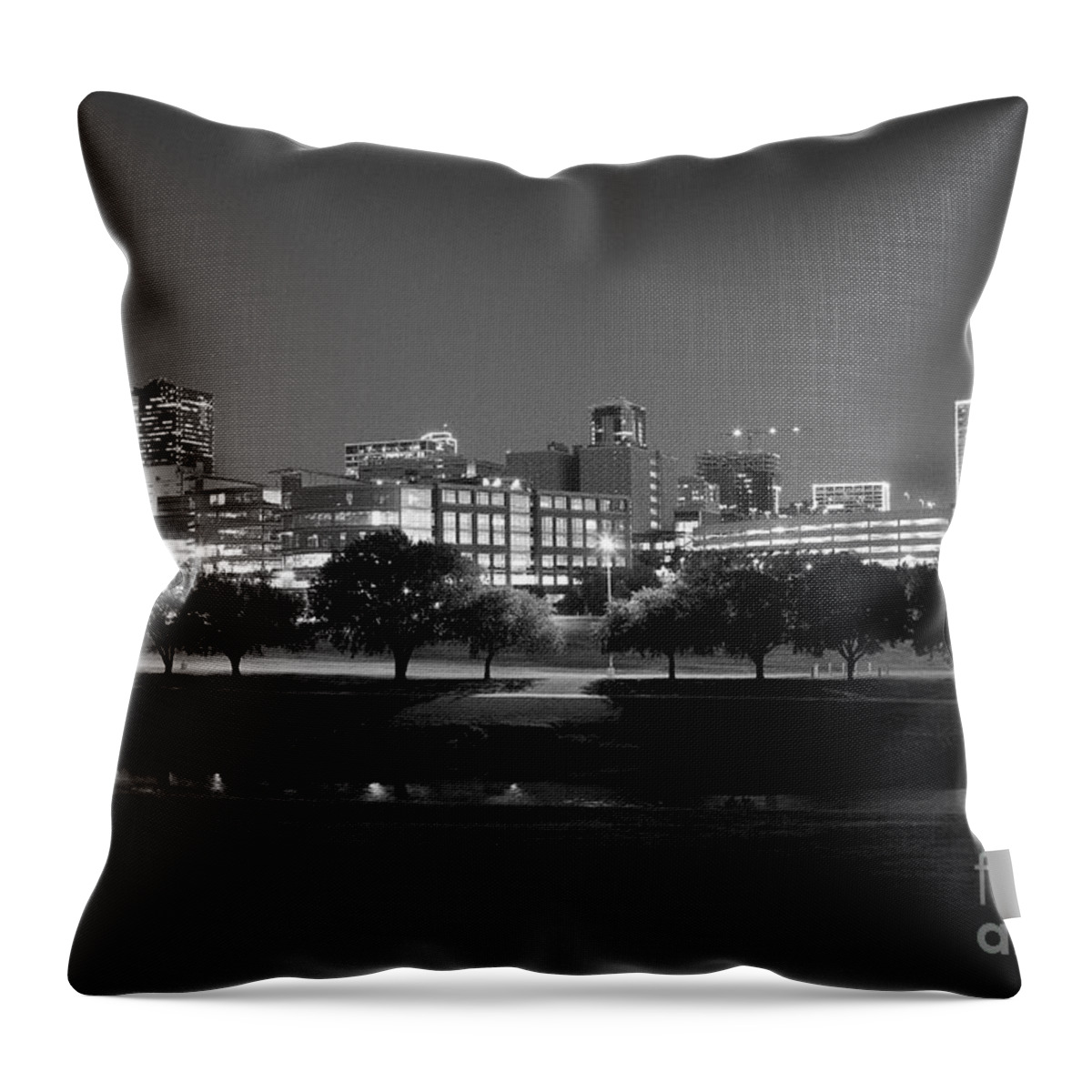 Pioneers Throw Pillow featuring the photograph Ft. Worth Texas Skyline Dusk Black and White by Greg Kopriva