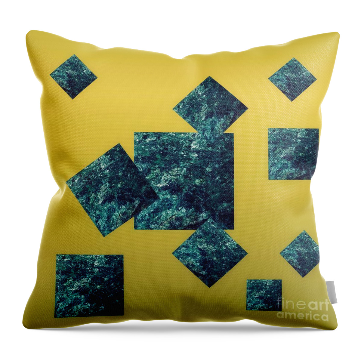 Fuchsite Throw Pillow featuring the mixed media Fuchsite Squares On Gold by Rachel Hannah
