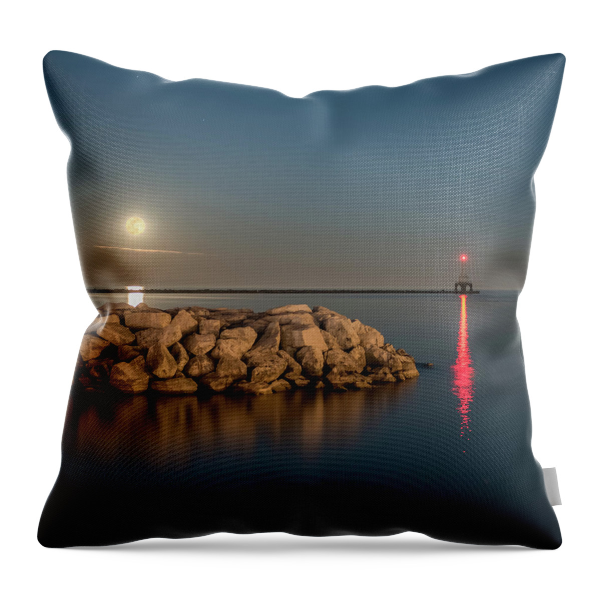 The Full Moon Illuminates The Port Washington Marina. Featuring The Iconic Art Deco Lighthouse Throw Pillow featuring the photograph Full Moon in Port Square by James Meyer