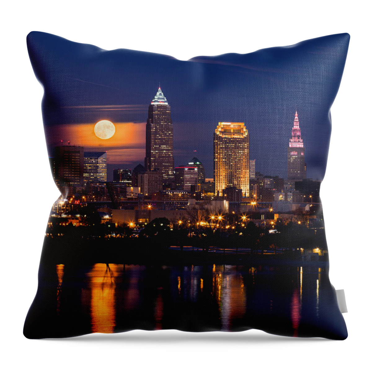 Full Moonrise Over Cleveland Throw Pillow featuring the photograph Full Moonrise Over Cleveland by Dale Kincaid
