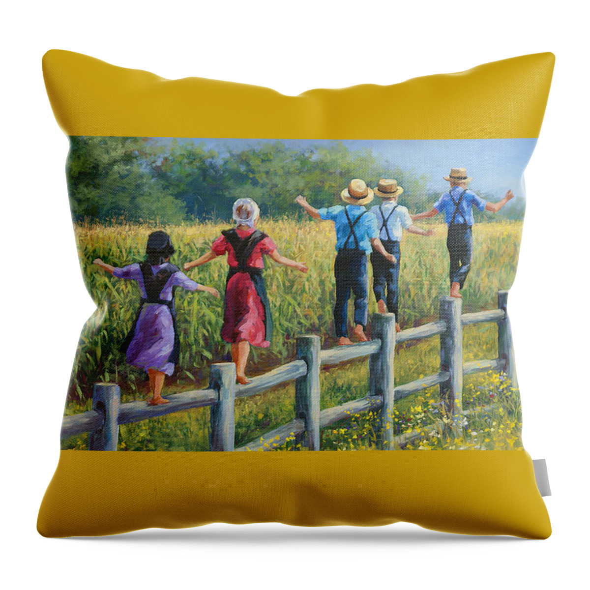 Amish Children Throw Pillow featuring the painting Girls Can To by Laurie Snow Hein
