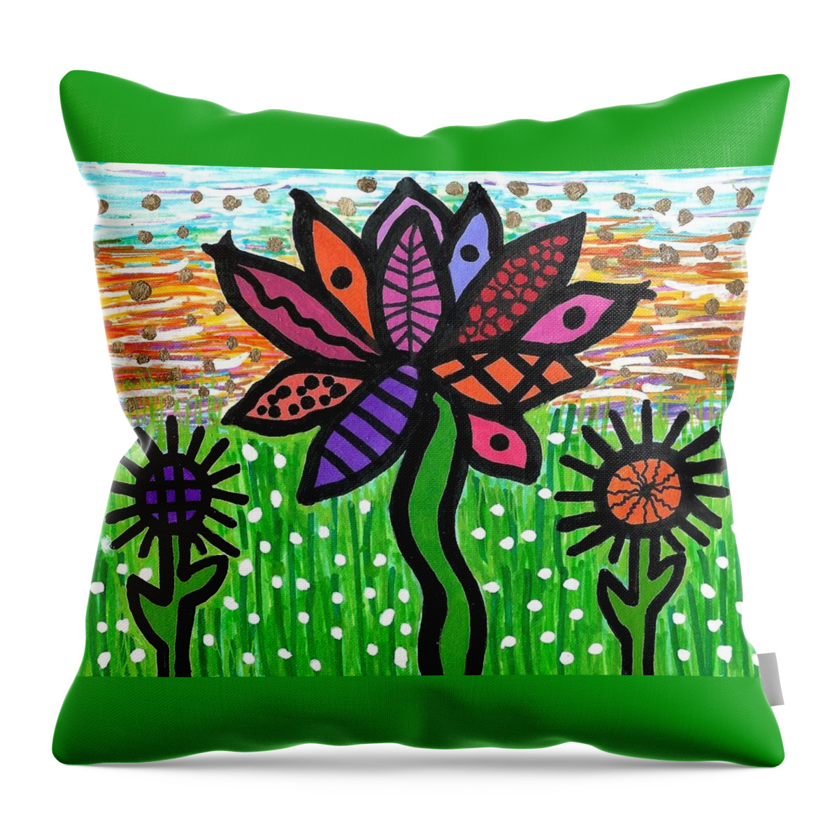 Original Art Throw Pillow featuring the drawing Funky Flowers At Sunset by Susan Schanerman