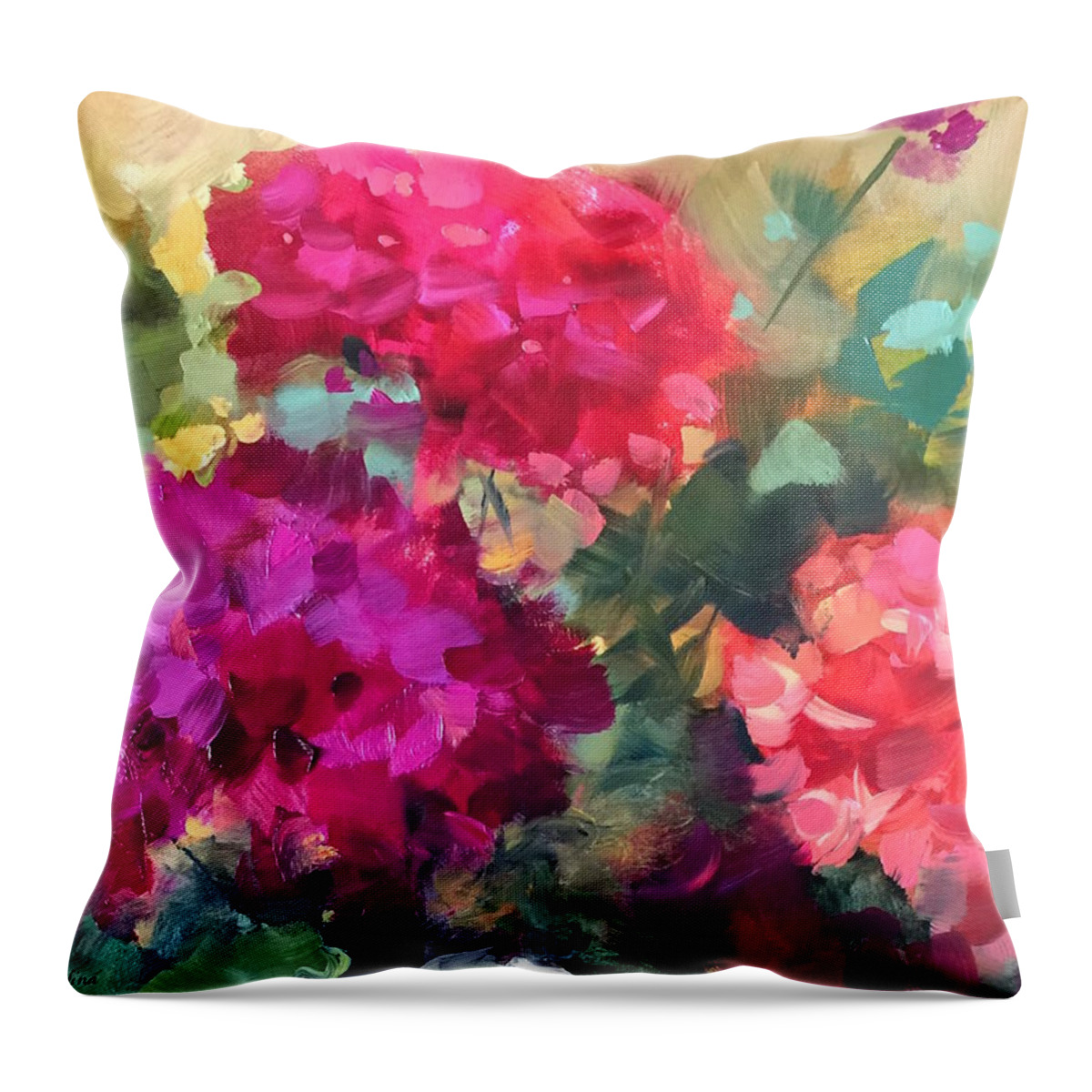 Geraniums Throw Pillow featuring the painting Future Bloomers Geraniums by Nancy Medina