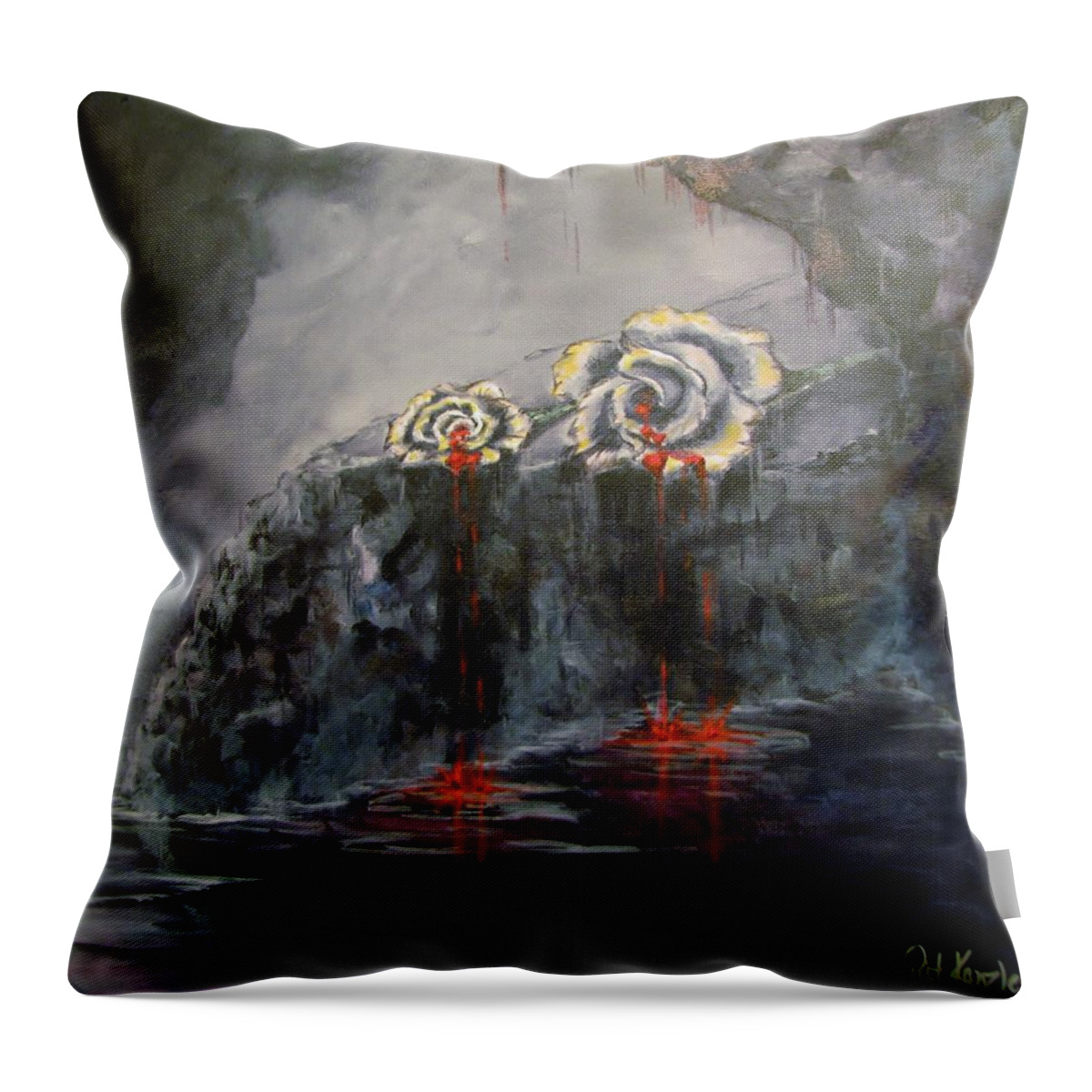 White/dying Roses; Tears Of Blood; Foggy Grotto Throw Pillow featuring the painting Gaia's Tears by Patricia Kanzler