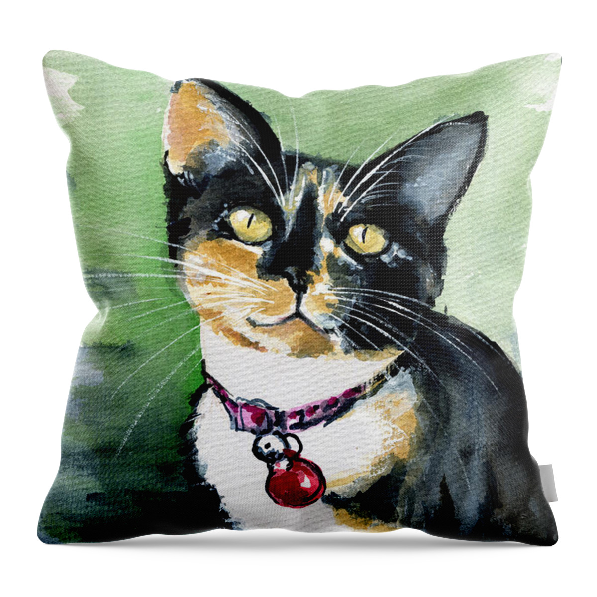 Cat Throw Pillow featuring the painting Galaxy The Calico Kitten by Dora Hathazi Mendes