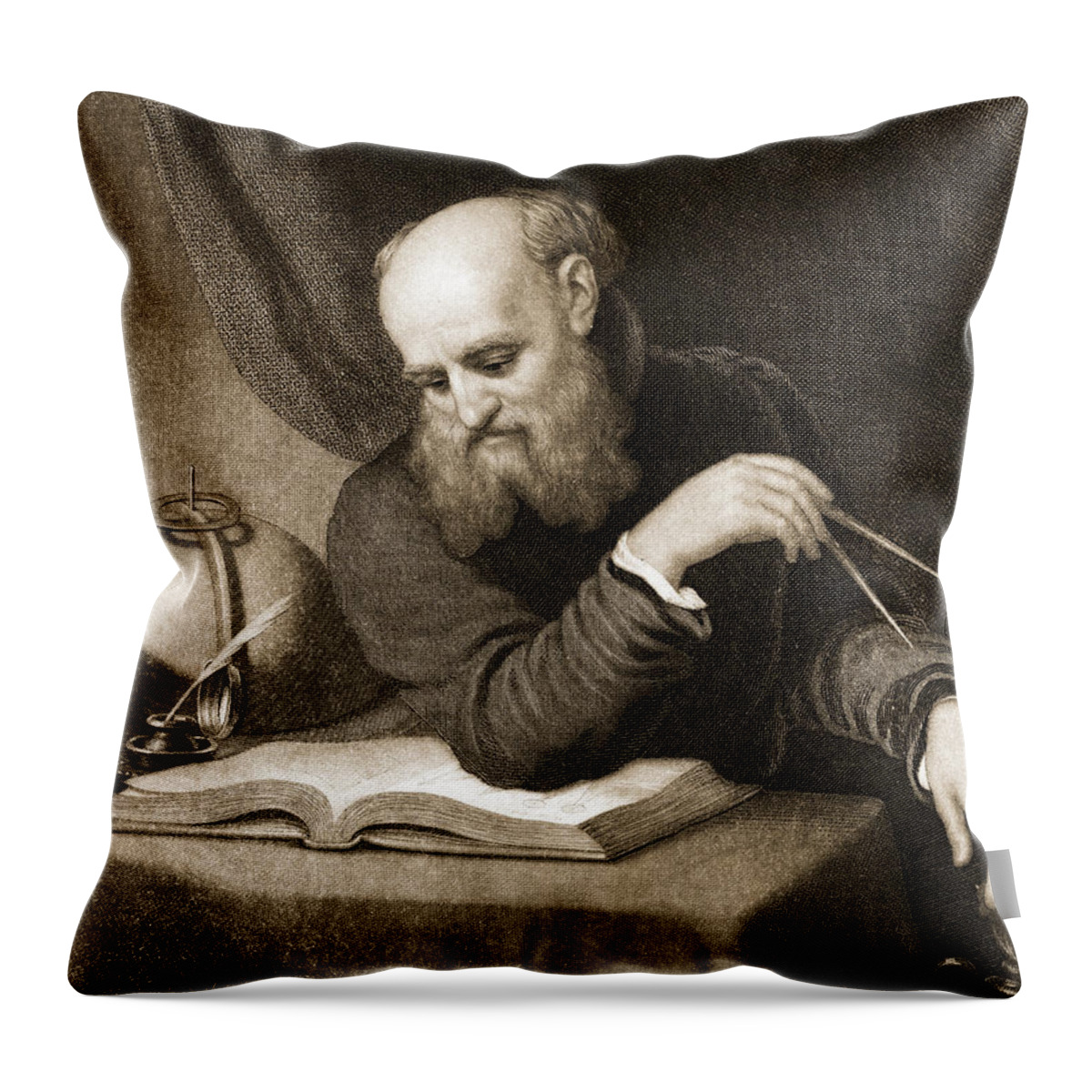 Galileo Galilei Throw Pillow featuring the painting Galileo with Compass and Diagrams by American School