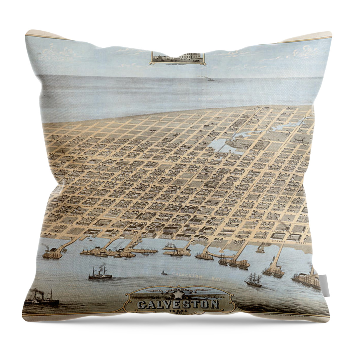 Texas Throw Pillow featuring the digital art Galveston 1871 by Camille Drie by Texas Map Store
