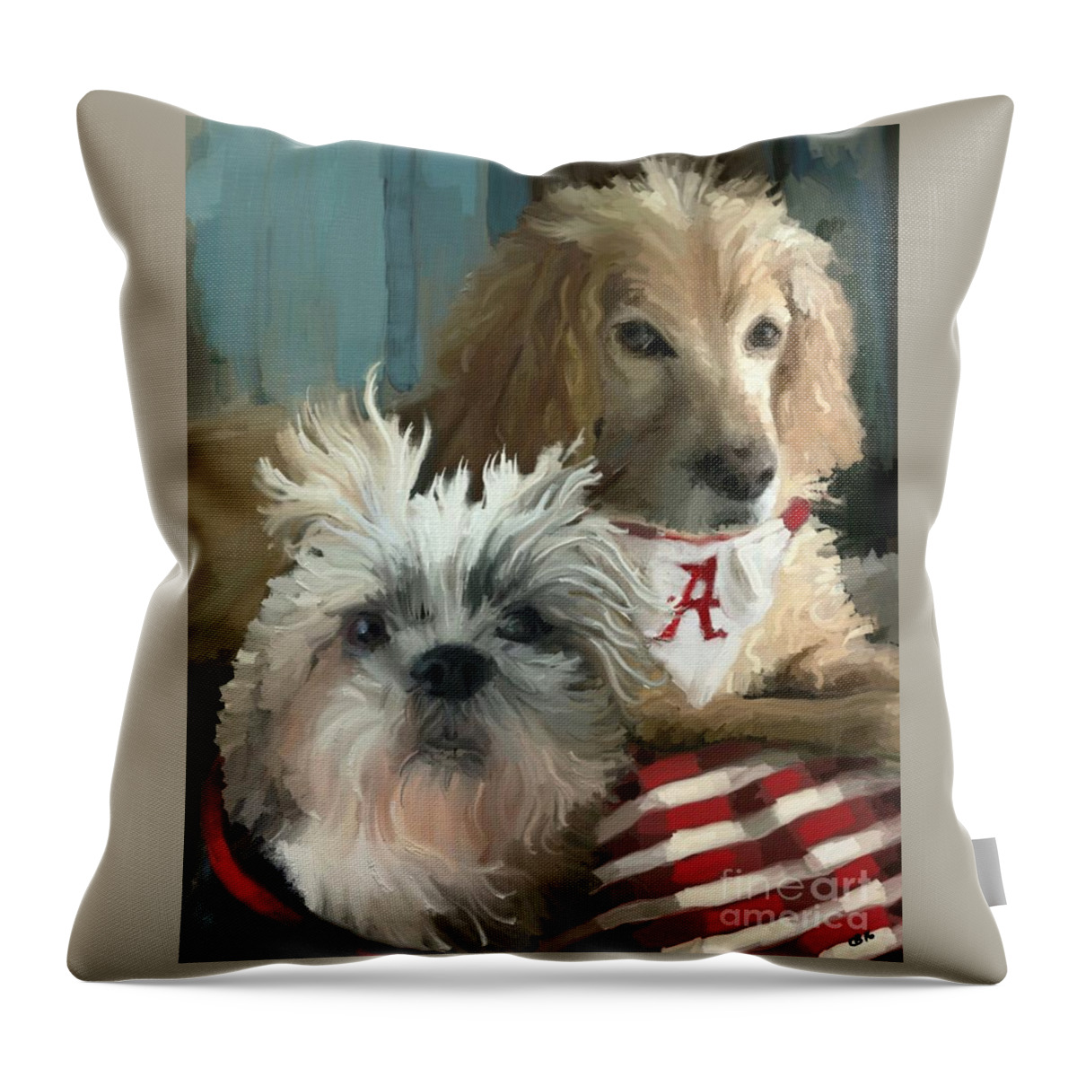 Puppy Throw Pillow featuring the painting Game Day by Carrie Joy Byrnes