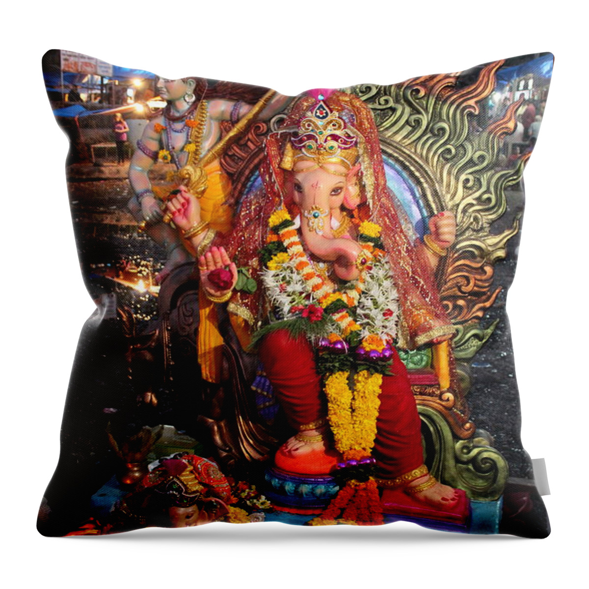 Ganesha Throw Pillow featuring the photograph Ganesha Arati on Ganesh Chaturthi, Ganeshpuri by Jennifer Mazzucco
