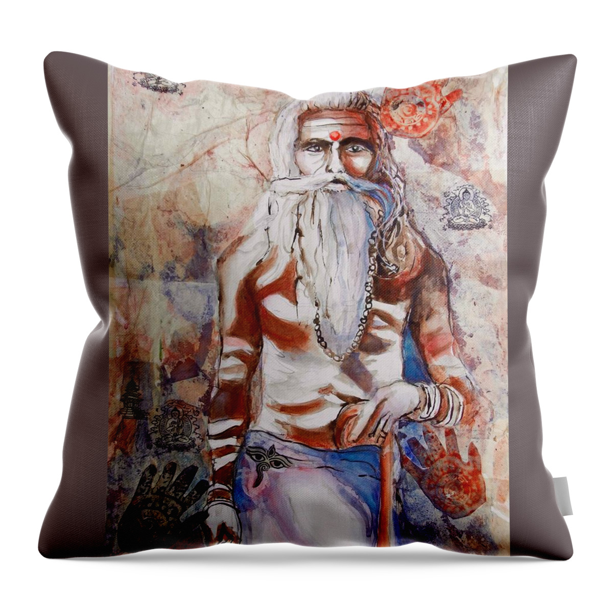 Figure Throw Pillow featuring the painting Ganges Guru by Myra Evans