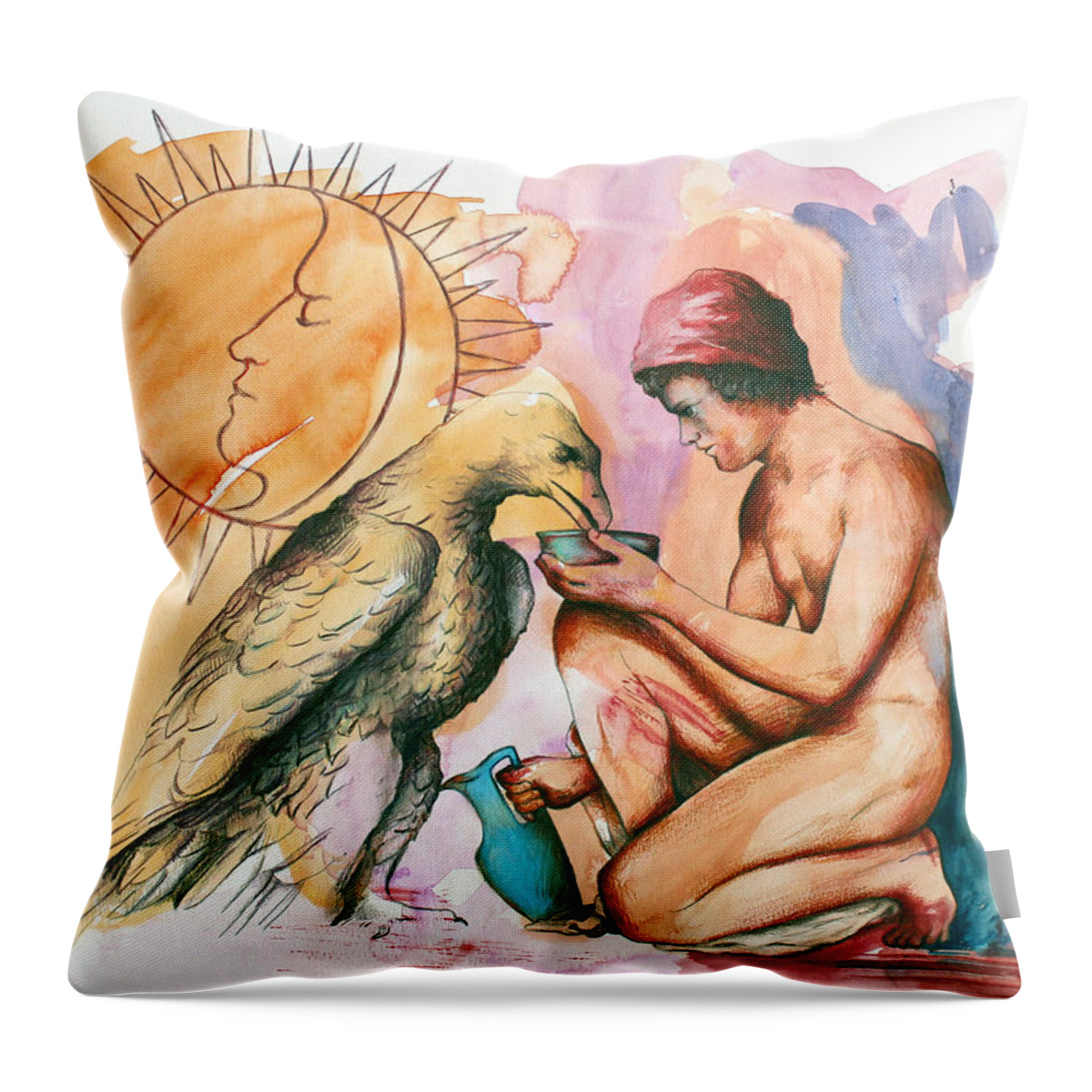 Mythology Throw Pillow featuring the painting Ganymede and Zeus by Rene Capone