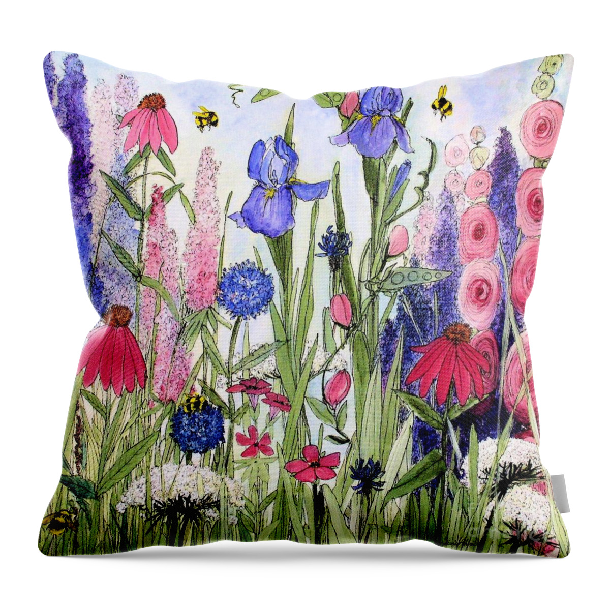 Garden Throw Pillow featuring the painting Garden Cottage Iris and Hollyhock by Laurie Rohner