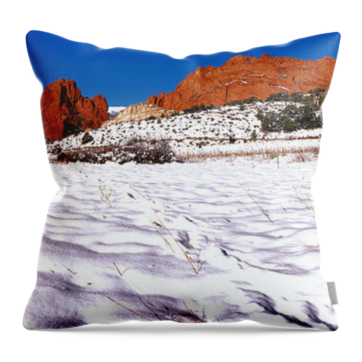 Garden Of The Cogs Throw Pillow featuring the photograph Garden Of The Gods Snowy Morning Panorama by Adam Jewell