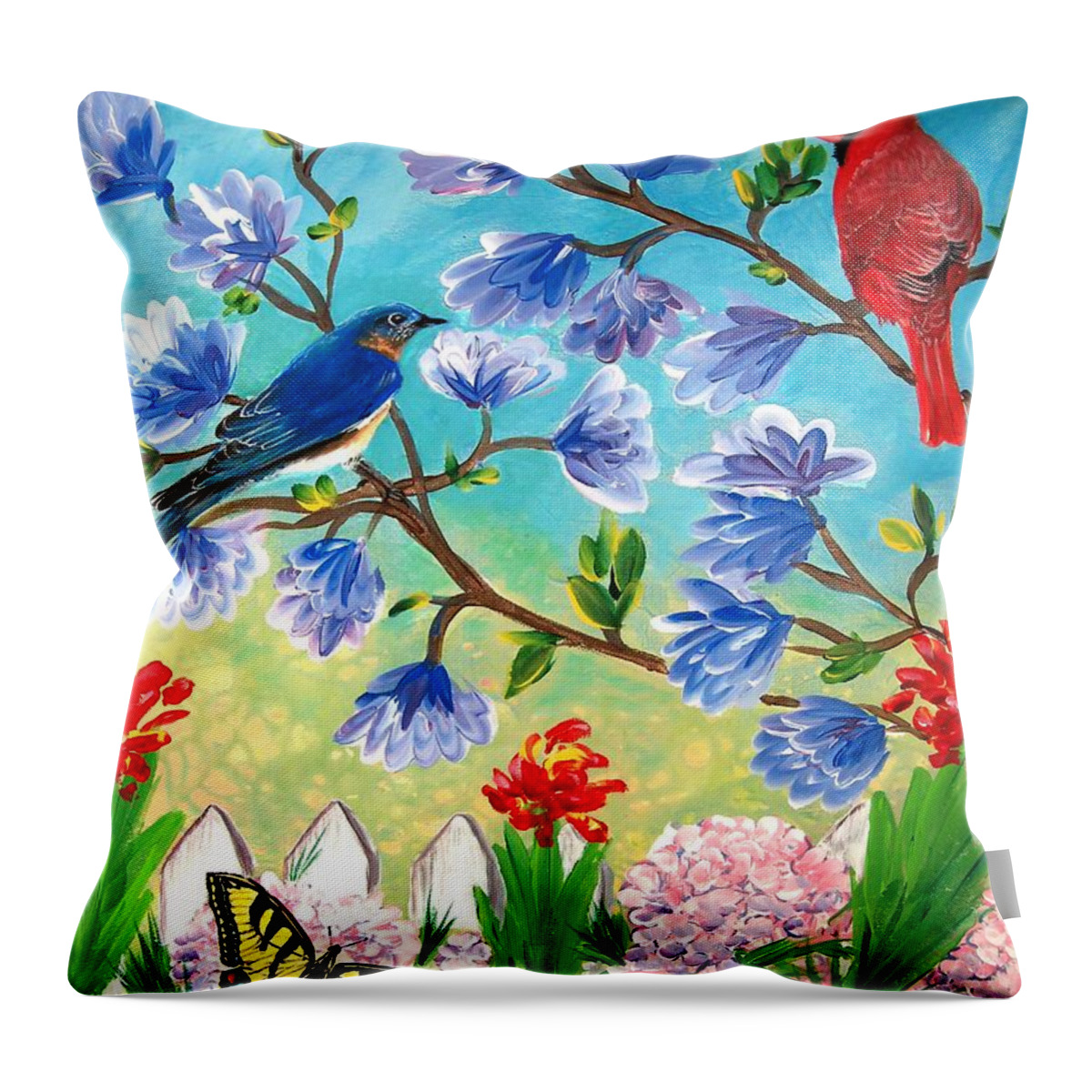 Spring Throw Pillow featuring the painting Garden View Birds and Butterfly by Pat Davidson
