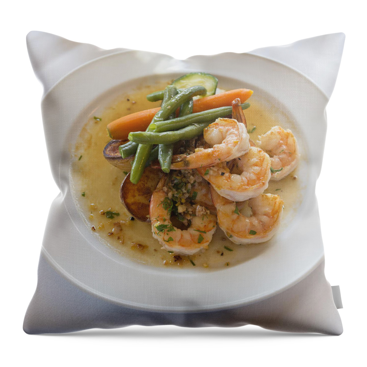 Prawns Throw Pillow featuring the photograph Garlic Prawns by Louise Heusinkveld