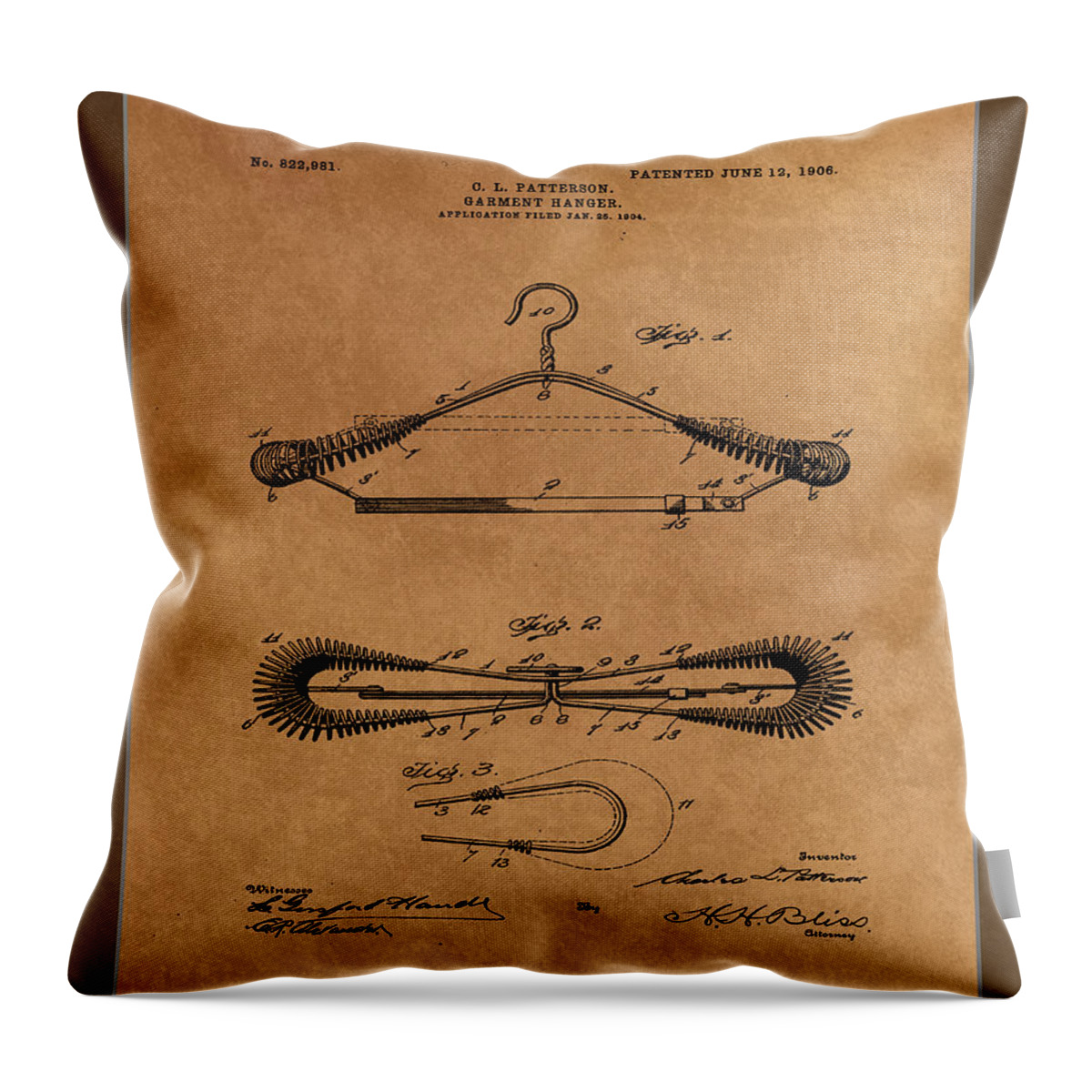 Patent Throw Pillow featuring the mixed media Garment Hanger Patent Drawing by Brian Reaves