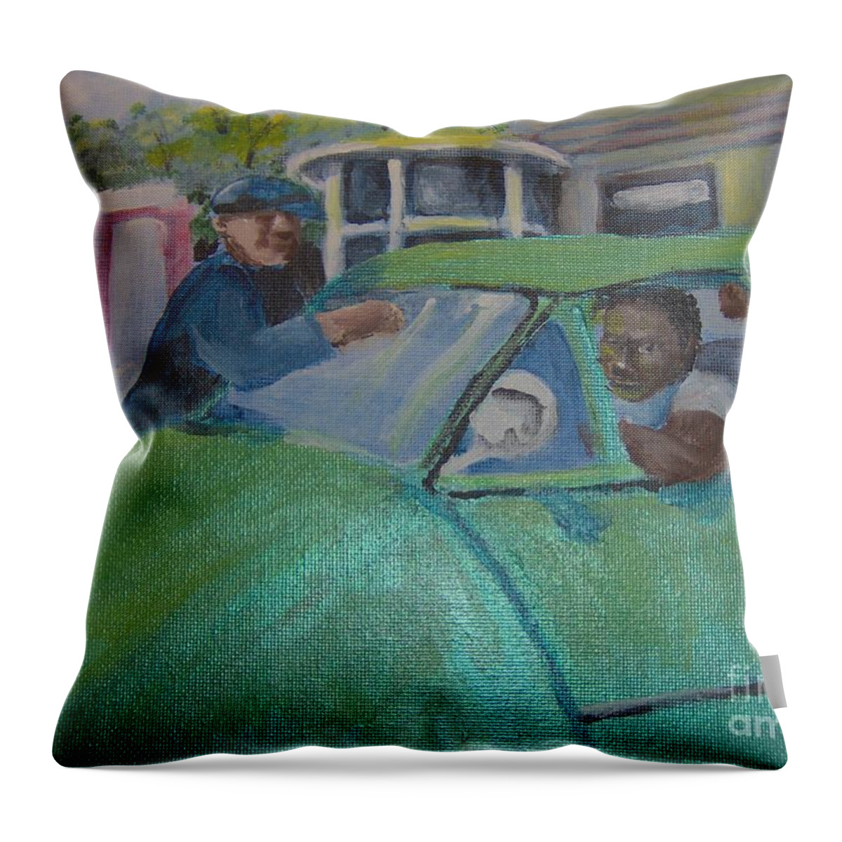 Gas Station Throw Pillow featuring the painting Gas Station by Saundra Johnson