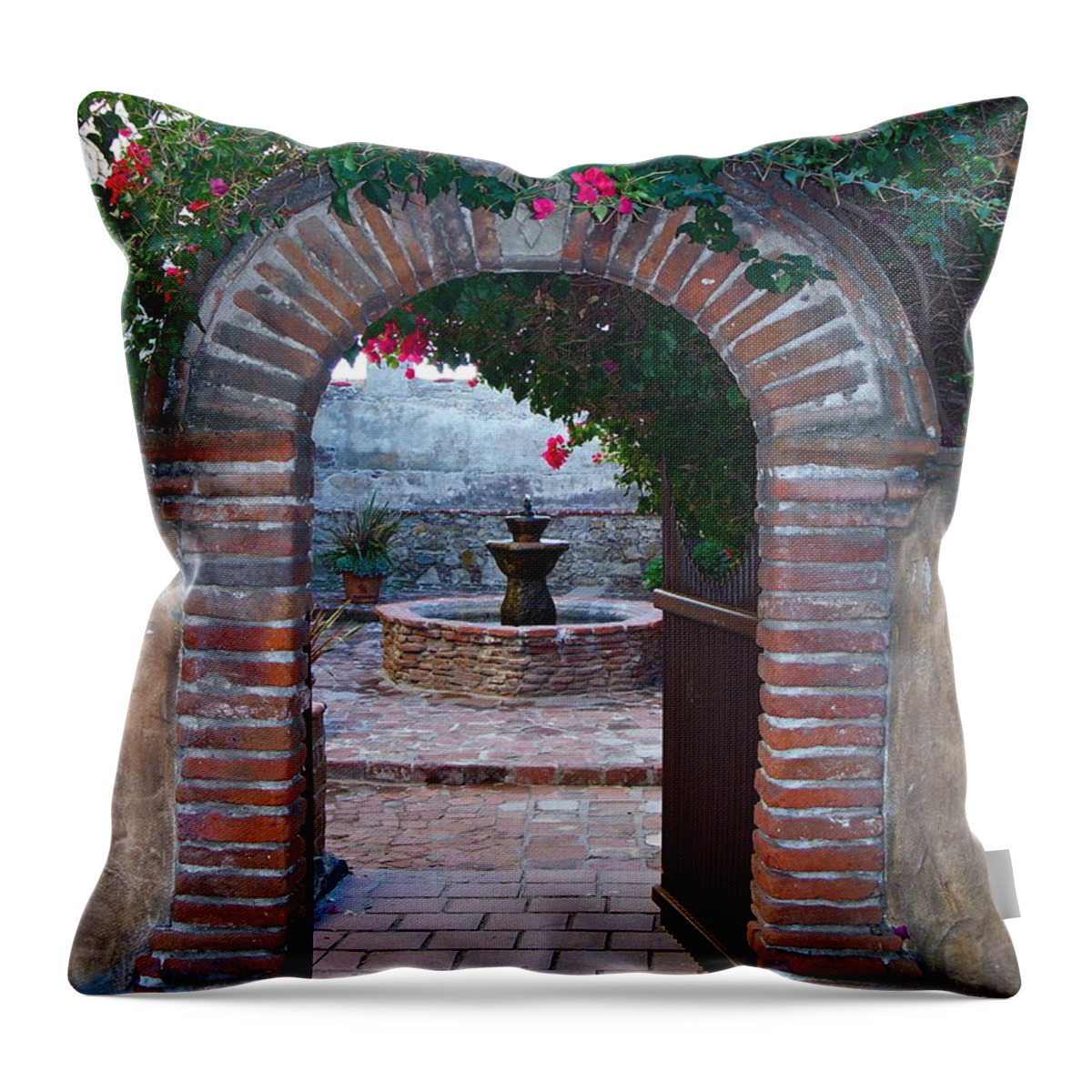 Gate Throw Pillow featuring the photograph Gate to the Sacred Garden and Bell Wall Mission San Juan Capistrano California by Karon Melillo DeVega