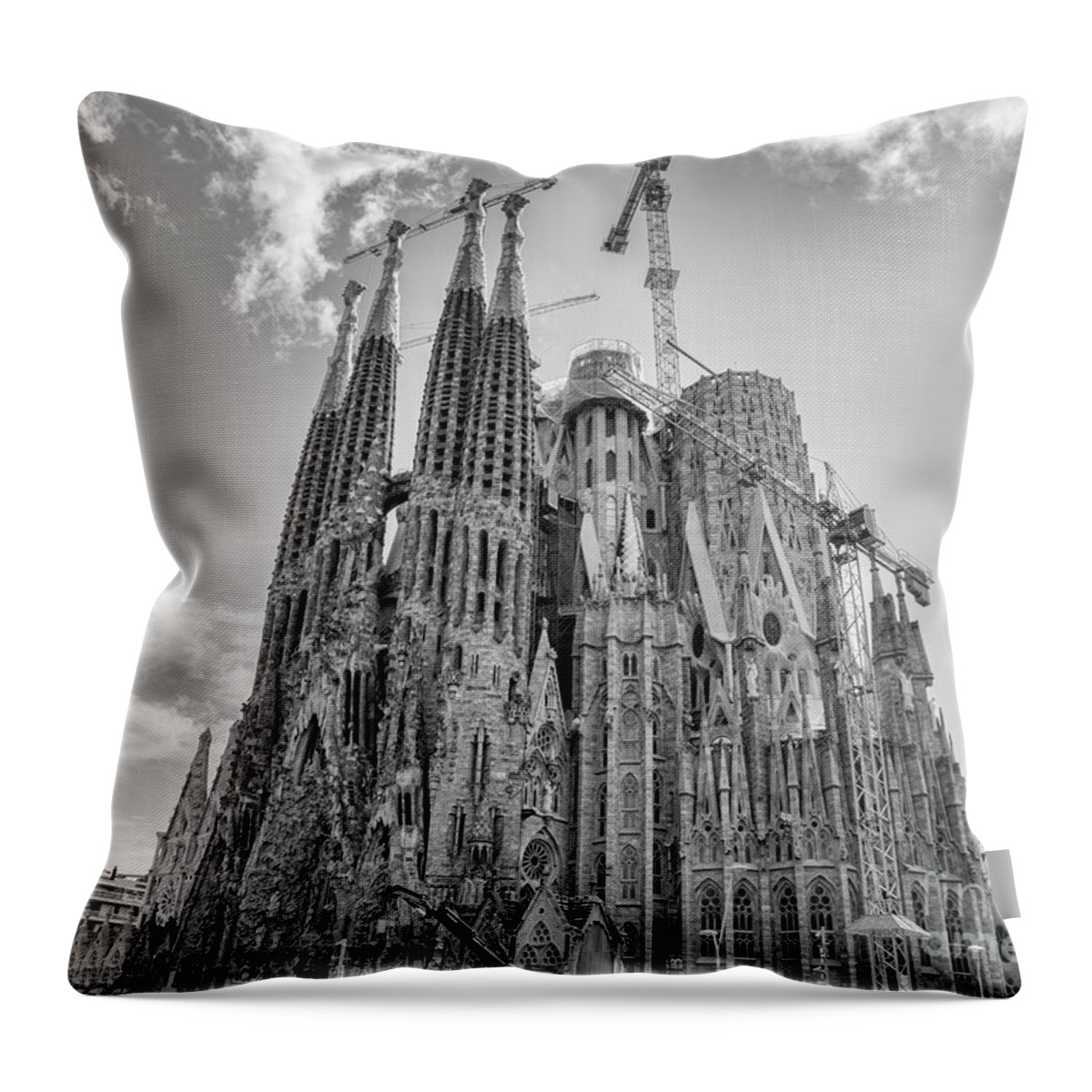 La Sagrada Familia Throw Pillow featuring the photograph Gaudi La Sagrada Blk Wht by Chuck Kuhn