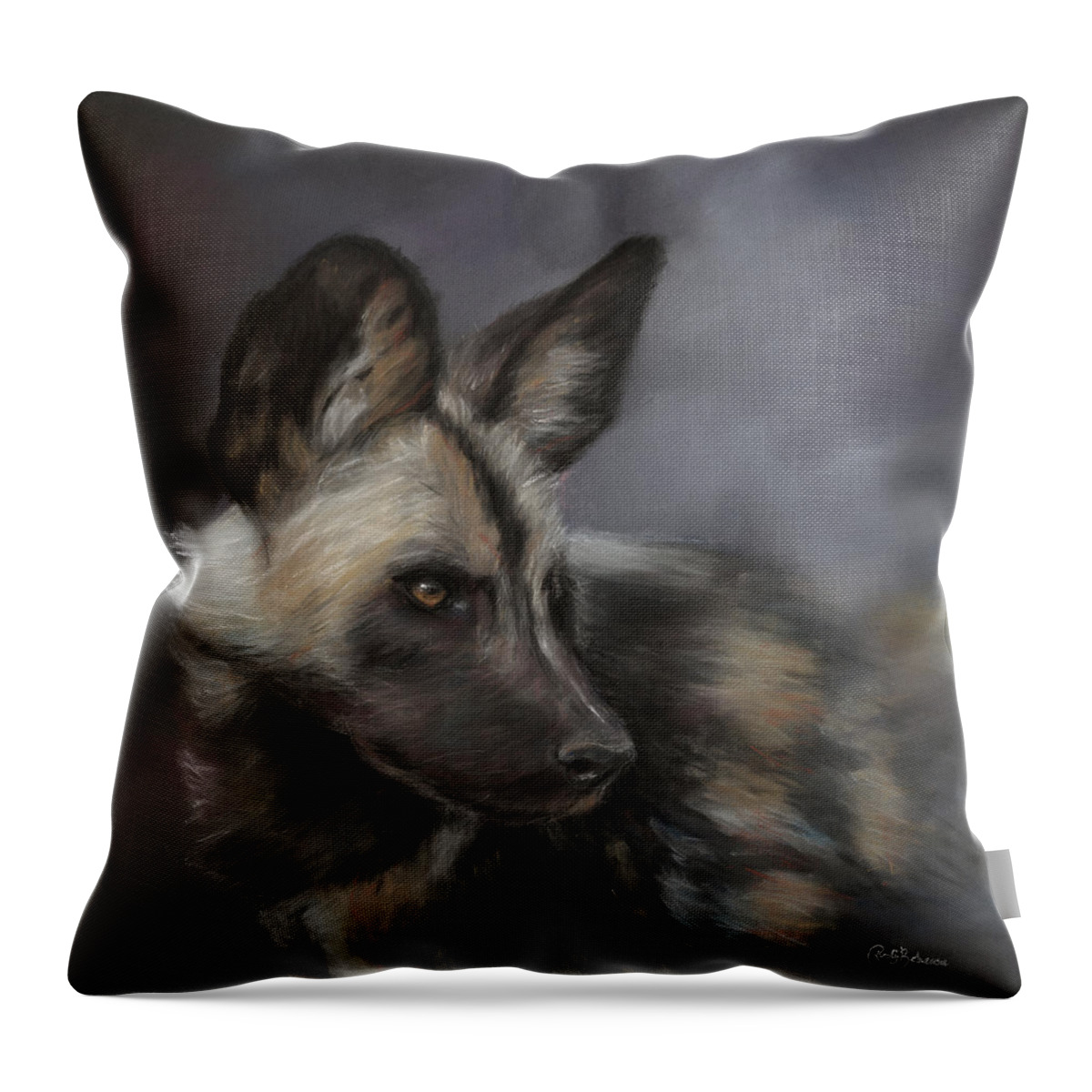 African Painted Dog Throw Pillow featuring the pastel Gazing by Kirsty Rebecca