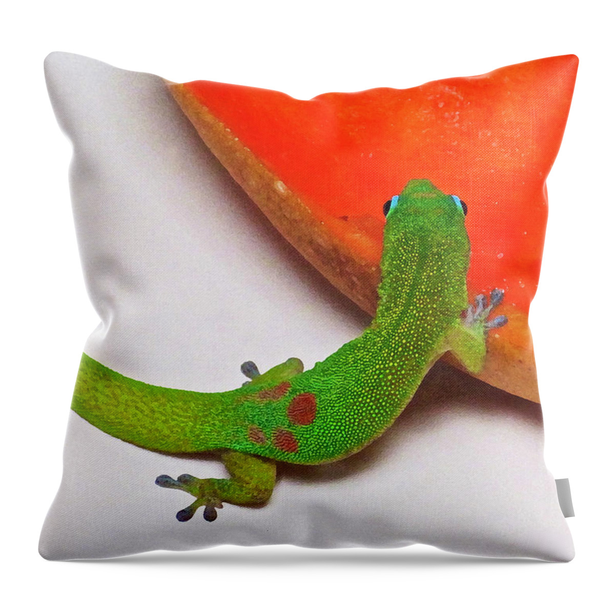 Gecko Throw Pillow featuring the photograph Gecko Eating Papaya by Bette Phelan