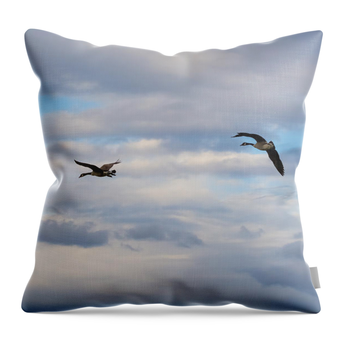 Canada Geese Throw Pillow featuring the photograph Geese in the Clouds by Holden The Moment