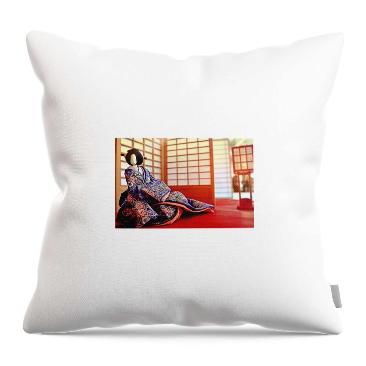 Mustsee Throw Pillow featuring the photograph #geisha #japan #doll #tatami #light by Teffie Dela Cruz
