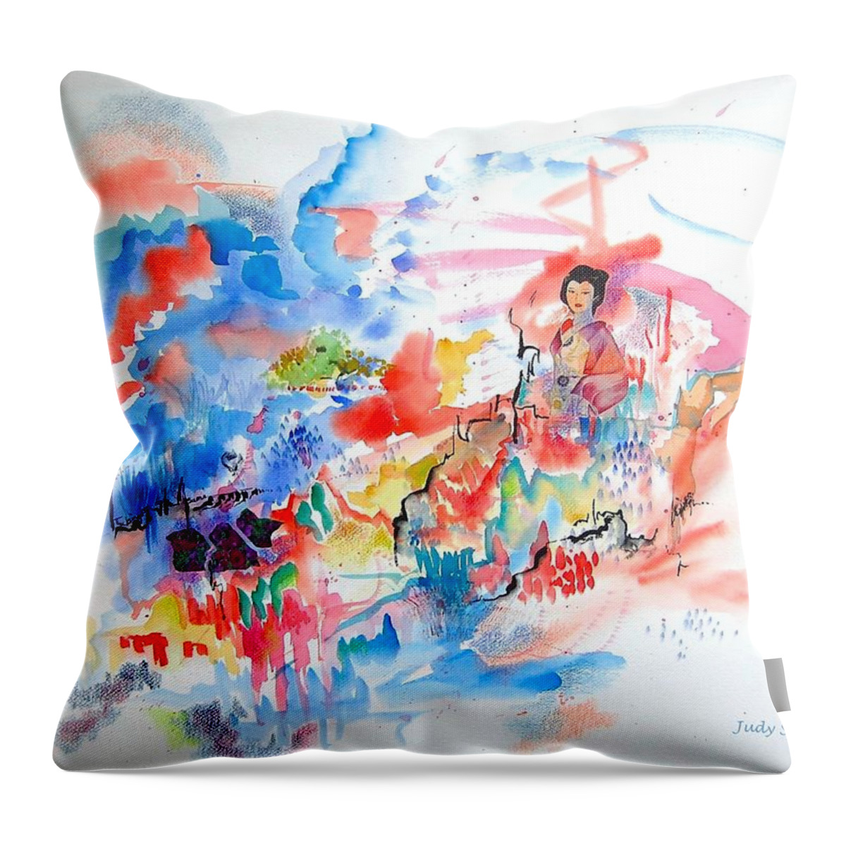 Geisha Throw Pillow featuring the mixed media Geisha on Mountain Top by Judy Swerlick