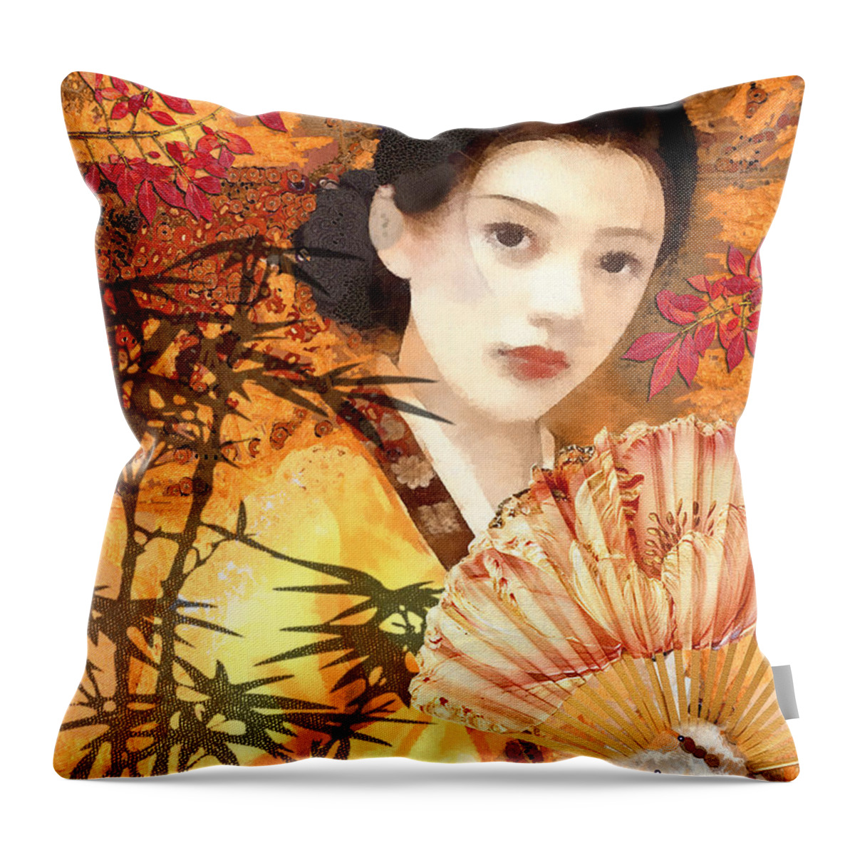 Geisha Throw Pillow featuring the painting Geisha with Fan by Mo T