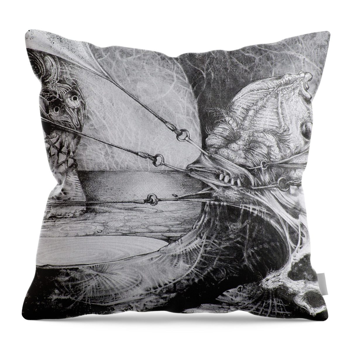 Surrealism Throw Pillow featuring the drawing General Peckerwood In Purgatory by Otto Rapp