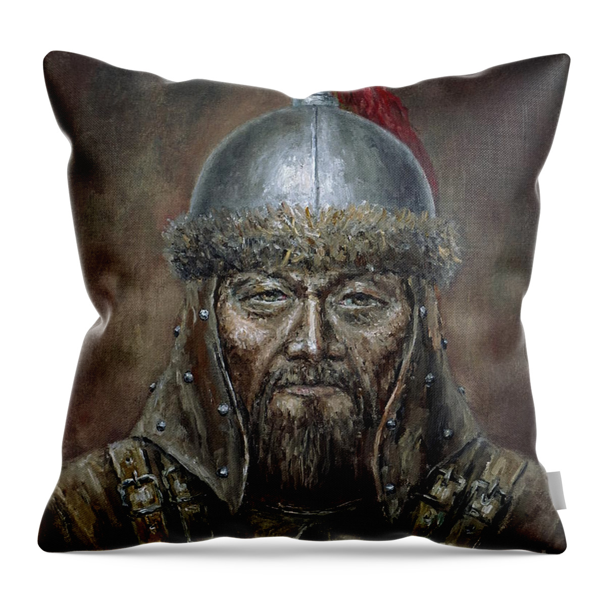 Genghis Khan Throw Pillow featuring the painting Genhis Khan by Arturas Slapsys