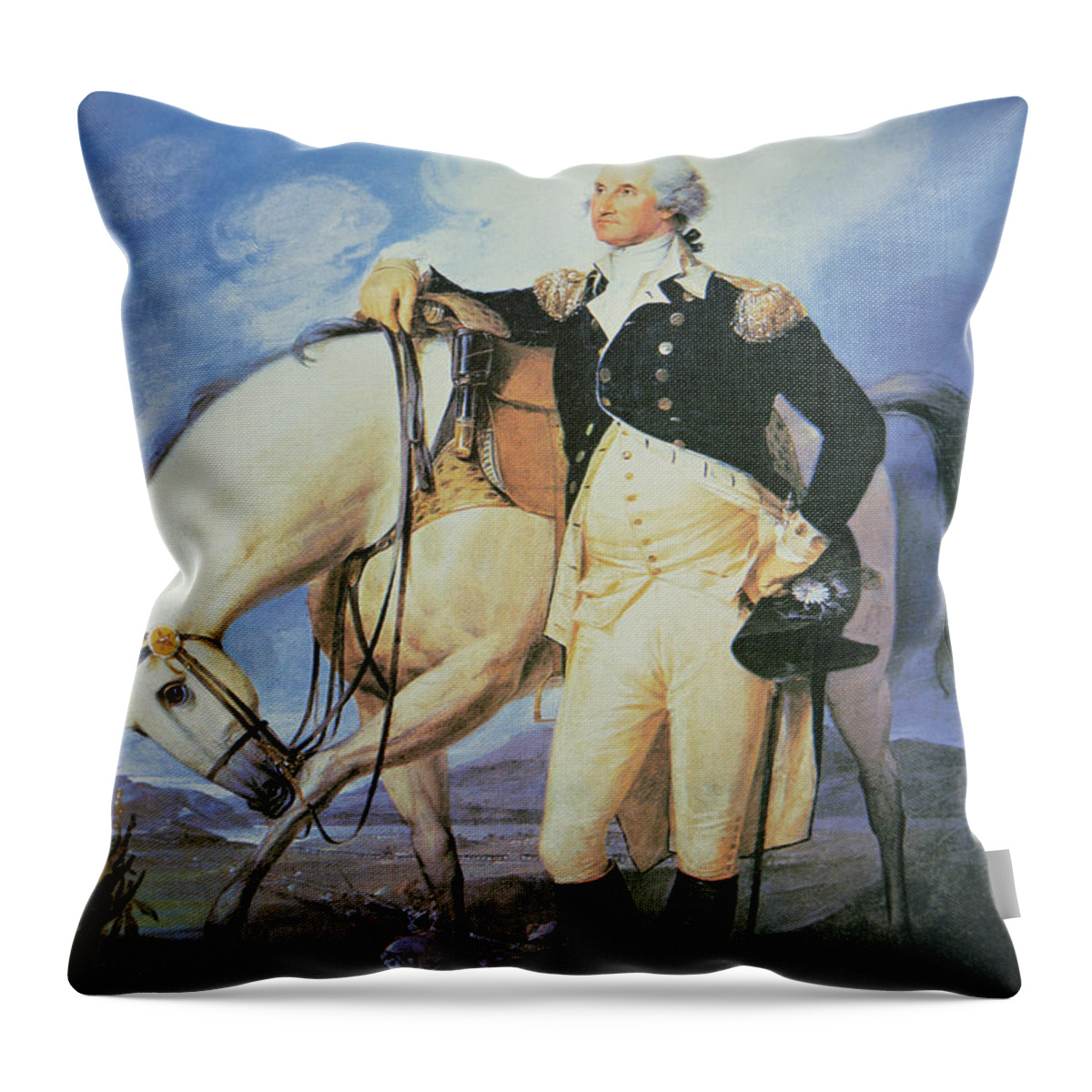 Male; Portrait; Full Length; Tricorn Hat; United States; Politician; Military; Horse; Battle; Battlefield; Hilltop; Officer; Soldier; American; 1st Throw Pillow featuring the painting George Washington by John Trumbull