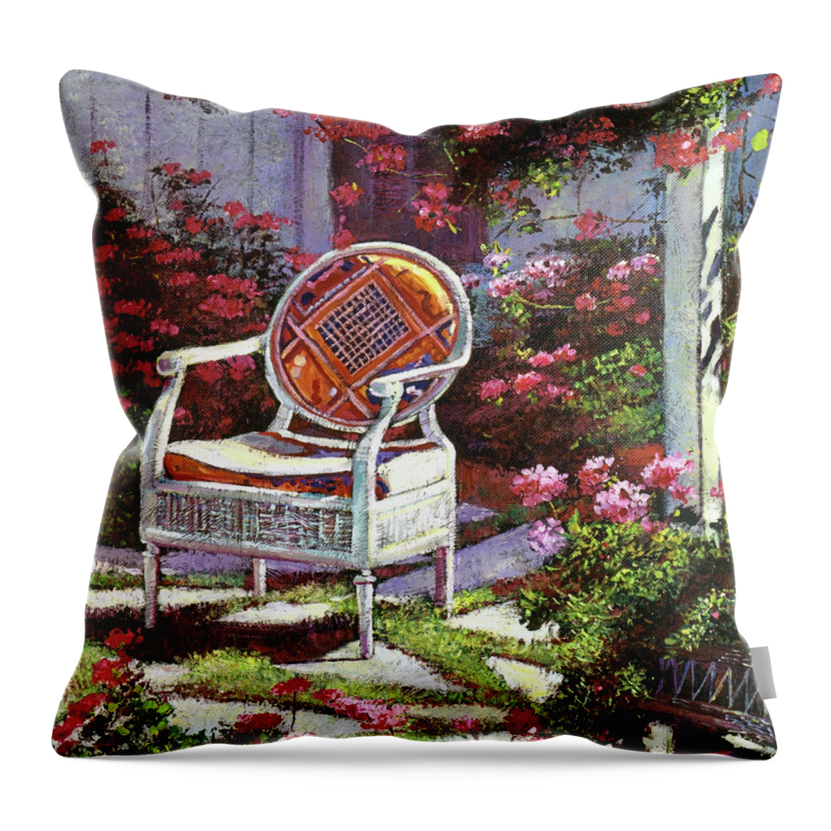 Gardens Throw Pillow featuring the painting Geraniums And Wicker by David Lloyd Glover
