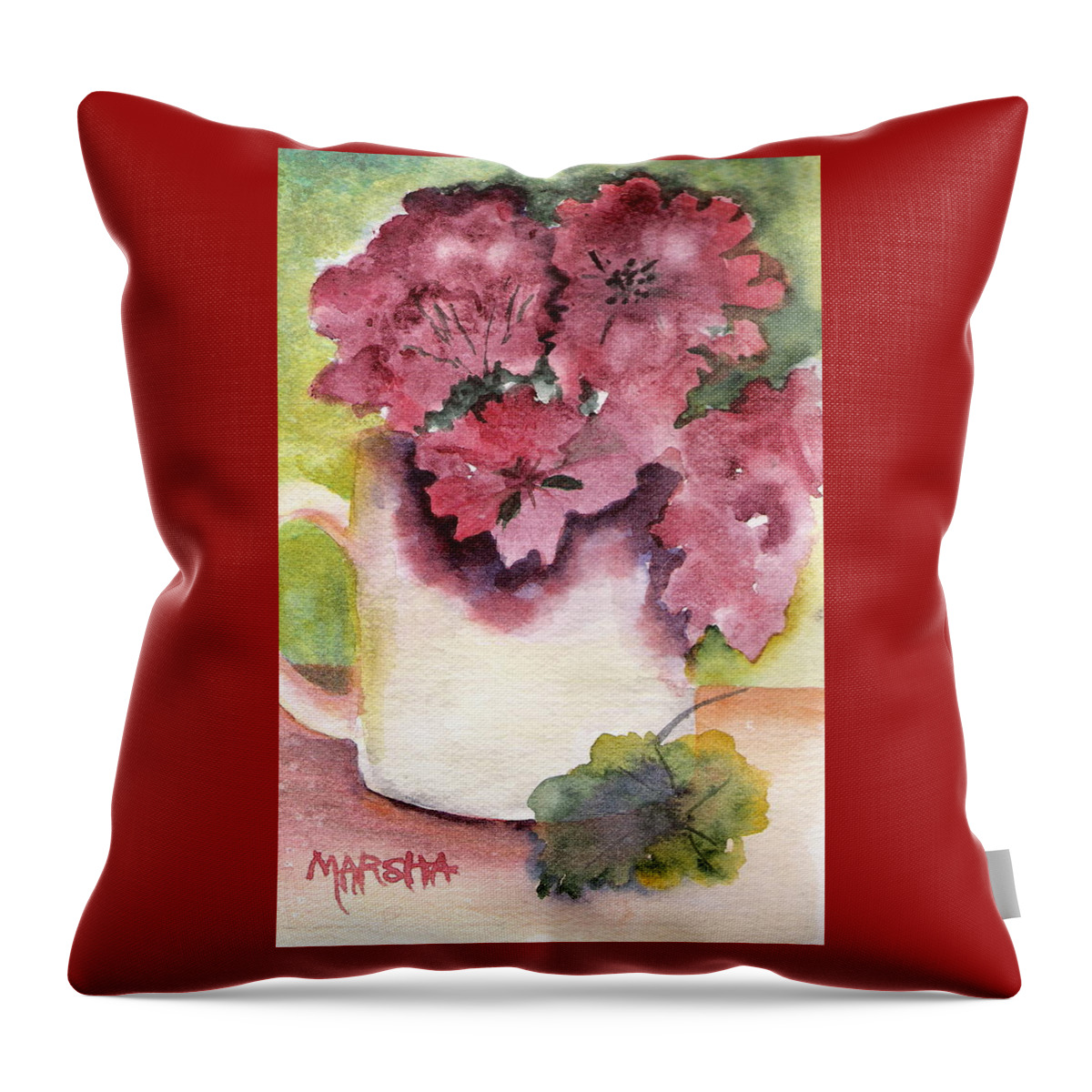 Geraniums Throw Pillow featuring the painting Geraniums in a Cup by Marsha Woods
