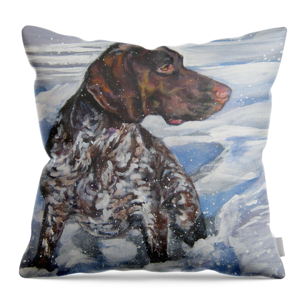 Dog Throw Pillow featuring the painting German Shorthaired Pointer in the Snowdrift by Lee Ann Shepard
