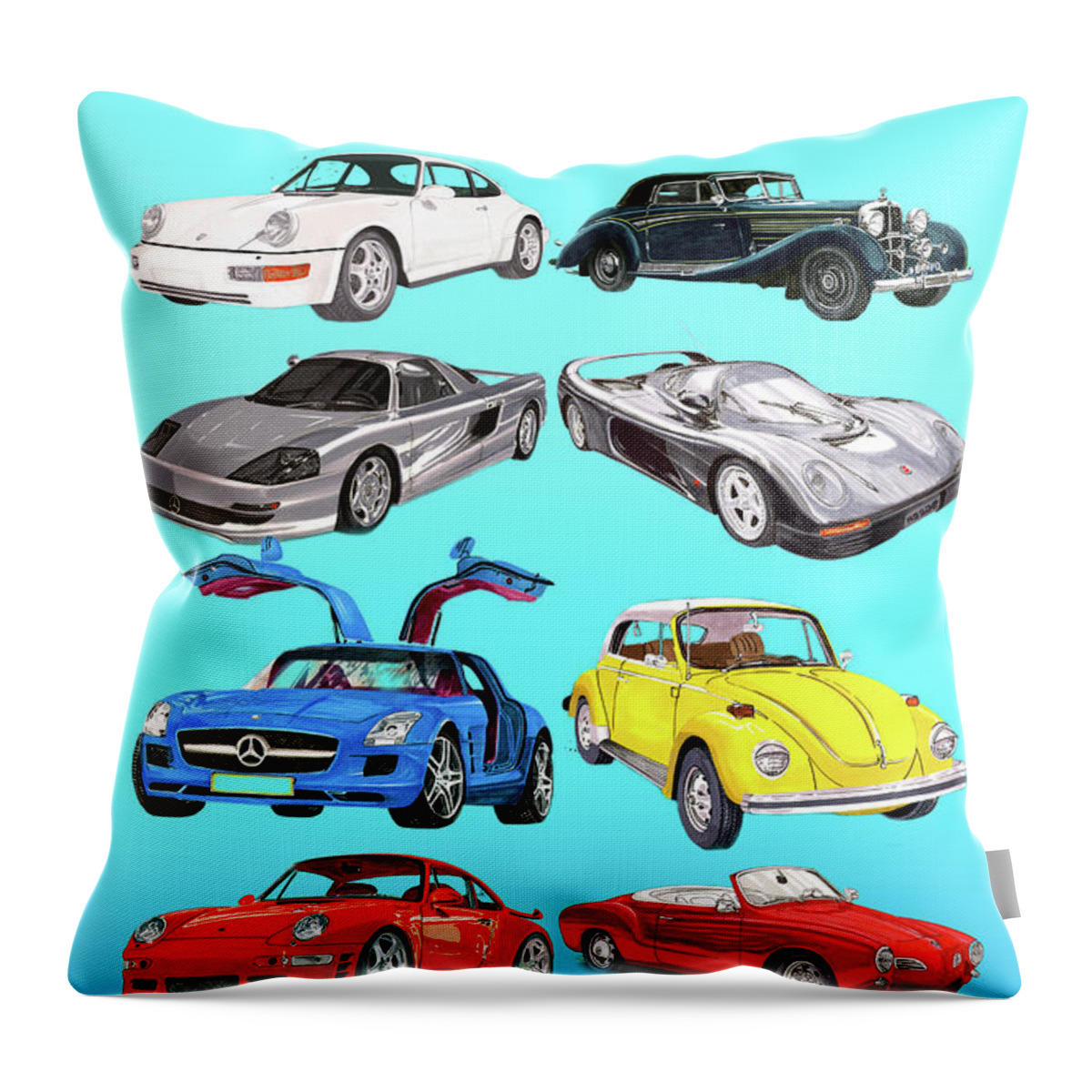 Watercolor Renderings Of German Sports Cars Throw Pillow featuring the painting German Sports Cars by Jack Pumphrey
