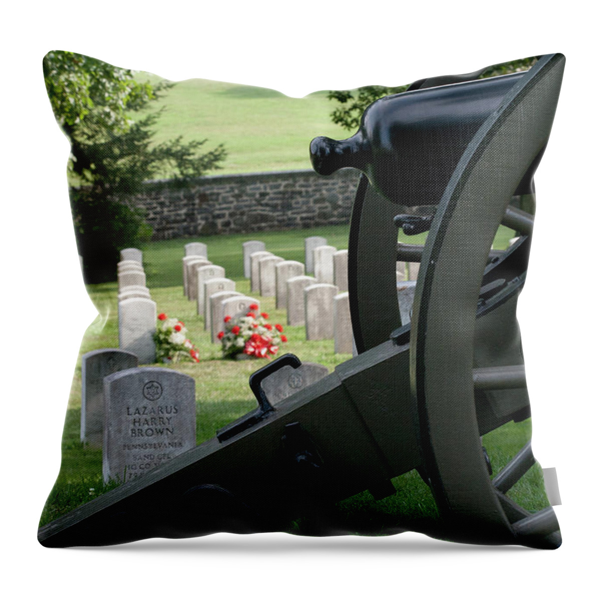 Cannon Throw Pillow featuring the digital art Gettysburg National Cemetery by Barry Wills