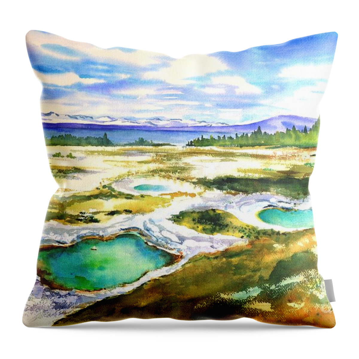 Nature Throw Pillow featuring the painting Geyser Basin, Yellowstone by Betty M M Wong